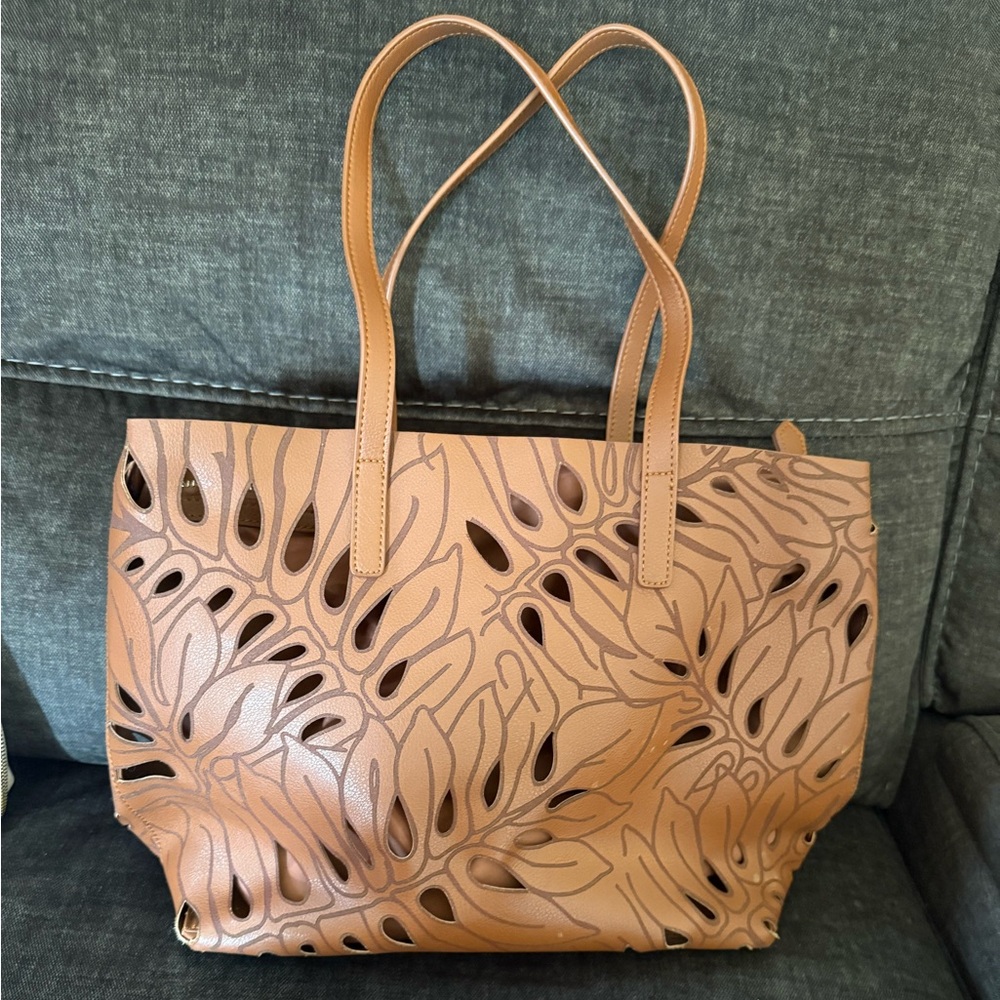 Tan Tote Bag with Leaf Cutout Design
